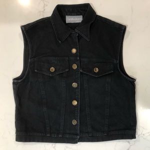 Vintage Black Denim Vest, Metal Buttons, Faux Front Pockets, Medium to Large